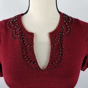 LOFT | Beaded Short Sleeve Burgundy Sweater Dress